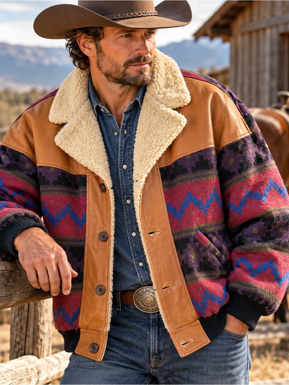 VTG Mid West Garment Co Southwestern Ranch Leather Wool Blend Sherpa Jacket XL